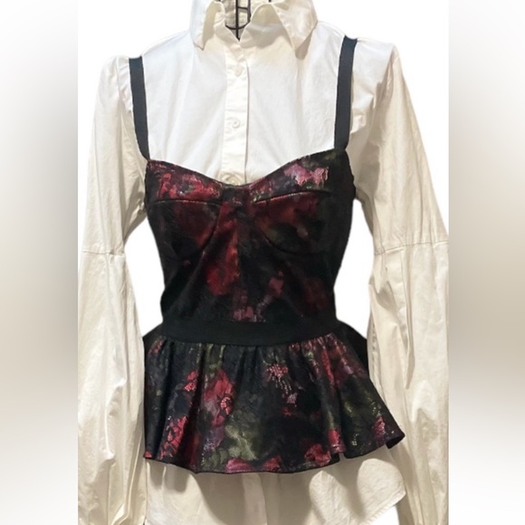 🥀 Pearl by Georgina Chapman of Marchesa Black Red Floral Lace Bustier Top | 2 - Picture 4 of 14